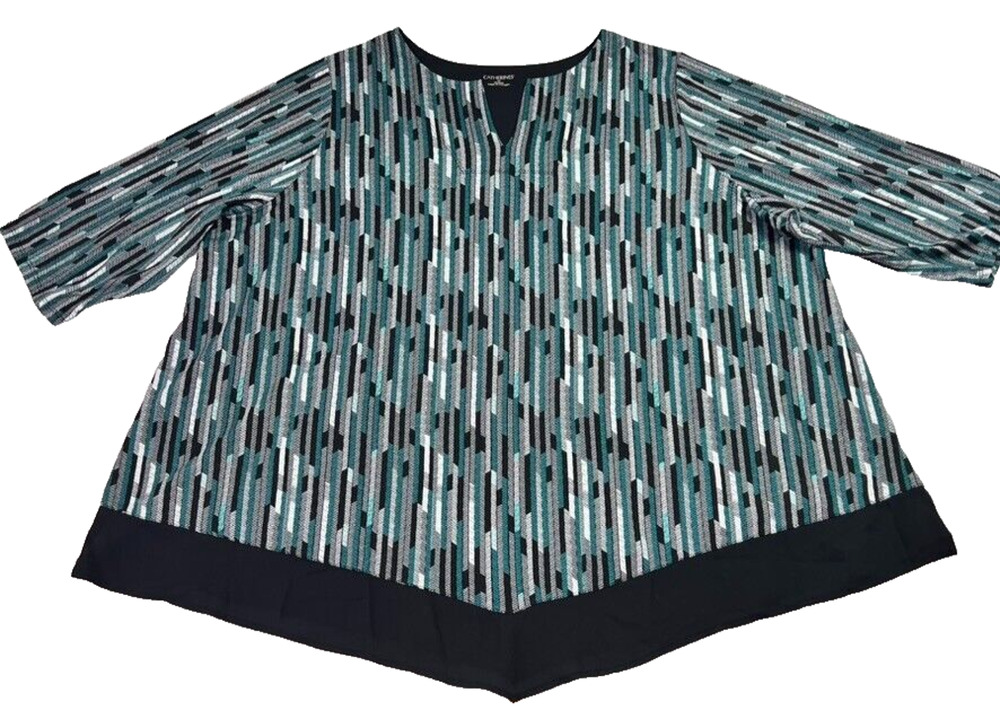 Catherines Blouse Women's Size 3X Green Black Multi Stripe V Neck Popover
